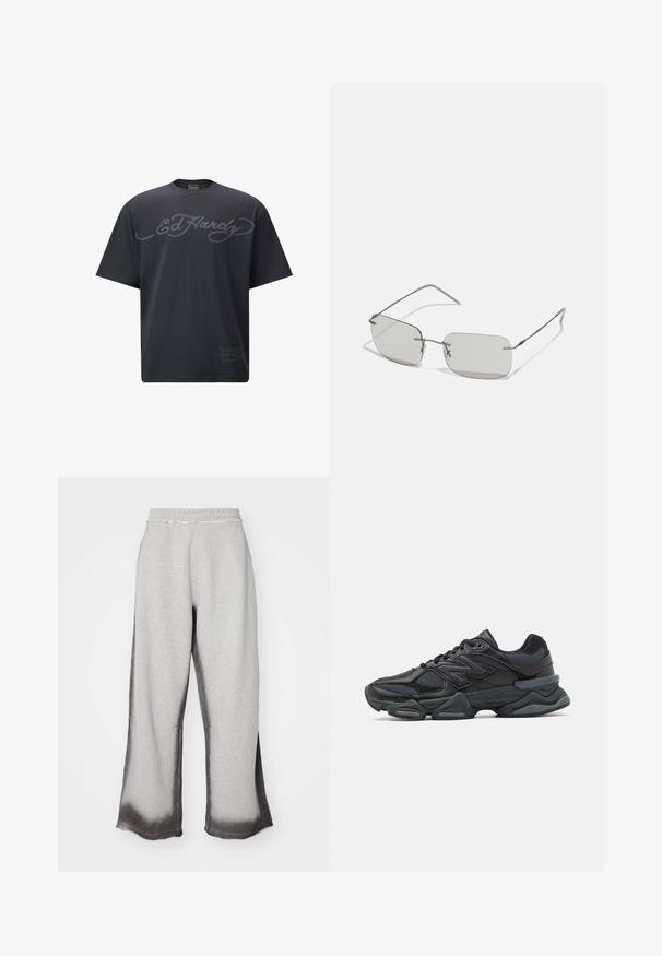 Ed Hardy SKULL-FLAME - Triko s potiskem - black; Šedé tepláky s texturovaným povrchem, s postupným tmavě šedým přechodem na lemu, elastickým pasem a širokým střihem nohavic.; Černá běžecká bota s kombinací síťoviny a syntetických materiálů, masivní podešev, zakřivený design a výrazné logo na boku.; Šedé obdélníkové sluneční brýle s tenkými stříbrnými kovovými rámy, mají přímé nožičky a minimalistický design, bez viditelných vzorů nebo log.