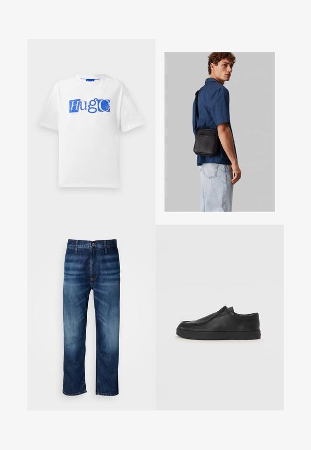 Bílý bavlněný tričko s modrým grafickým logem a textovým designem. Krátké rukávy, kulatý výstřih a uvolněný střih.; Tmavě modré džíny rovného střihu s jemným vyblednutím na stehnech a zapínáním na knoflík v pase, vystavené na bílém pozadí.; Černé kožené nazouvací boty s kulatou špičkou, prošitím a černou gumovou podrážkou. Hladký povrch s minimalistickým designem.; Černá kožená křížová taška s texturovaným povrchem; má přední kapsu na zip a nastavitelné ramenní popruhy. Model nosí modrou košili a džíny.