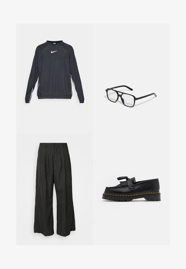Crni pulover dugih rukava s okruglim izrezom, s zlatnim Nike logotipom i bijelim bočnim trakama. Izrađen je od lagane, glatke tkanine.; Crne široke hlače s prugicama i plisama, s krojem koji se ističe i mekanom teksturom. Nema vidljivih metalnih dijelova ili ukrasa.; Crna kožna loaferica s resicama, koja ima čvrst crni potplat i žute šavove duž ruba. Teksturirana završna obrada.; Crne pravokutne naočale s prozirnim lećama i suptilnim ljubičastim nijansama, s elegantnim ručkama i minimalističkim dizajnom.