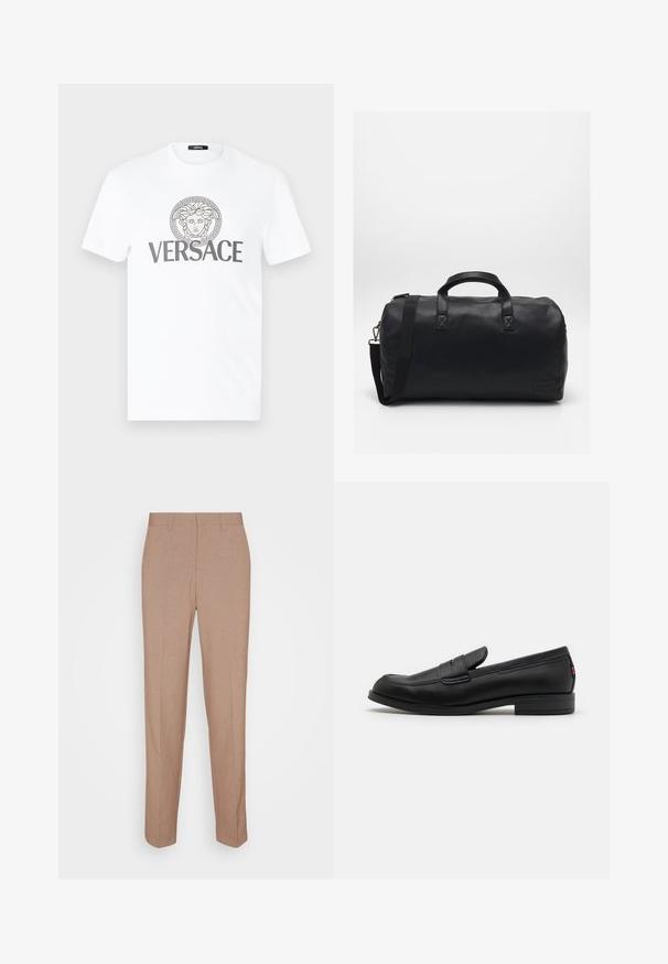 White cotton t-shirt with a round neck, featuring a grey Greek key motif and a central printed Medusa emblem with "VERSACE" text underneath.; Beige tailored trousers in a smooth, textured fabric. Straight fit with a waistband and no visible embellishments or pockets.; Black leather loafers with a smooth finish, rounded toe, and a small decorative flap. Features a low stacked heel and subtle branding detail.; Black duffel bag made of textured synthetic material. Features two handles and an adjustable shoulder strap. Simple design with no visible patterns.