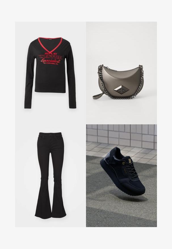 Black long-sleeve shirt featuring a V-neck, red neckline trim, and bold red printed text stating "REPLAY CUSTOM Specialist Allentown, PA."; Black flared jeans with a high waist, featuring a standard button and zipper closure, two front pockets, and a slightly textured fabric.; Black sneaker featuring a mesh upper, glossy accents, gold hardware, textured sole, and a padded collar for comfort.; Metallic gray crossbody bag with a half-moon shape, featuring a chain strap and a diamond logo patch. Smooth finish and zipper closure.