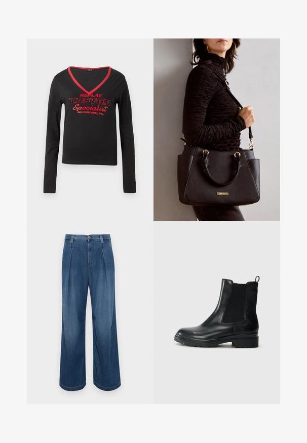 Mustikas pikem käistega särk, millel on V-kaelus, punane kaeluse ääristus ja julge punane prinditud tekst "REPLAY CUSTOM Specialist Allentown, PA."; Laiadegusega denimipüksid keskmise sinise pesu värviga. Omab nupukinnitust, kahte eesmist voldikut ja kontrastseid õmblusi. Pehme tekstuur ja sile viimistlus.; Tamaris Klassikalised poolsaapad - black glam; Musthave must kott, millel on tekstuurne pind, kaks ülemist käepidet ja reguleeritav õlarihm. Omab kuldse tooni riistu ja külgtaskuid.