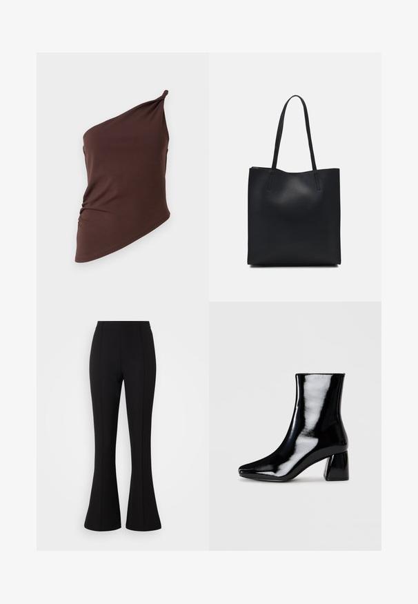 Asimetrisks brūns tops, kas izgatavots no gludas auduma, ar vienu plecu dizainu, r gathered detalizāciju sānos un pieguļošu siluetu.; Melni plati bikses, izgatavotas no elastīga auduma, ar gludu virsmu, augsto jostasvietu un šuvju detaļām pa priekšpusi.; Melnas lakotas potītes ar asu pirkstu un kvadrātveida bloku papēdi. Gluda tekstūra ar augstu spīdumu, bez redzamām rotājumām.; Melnas ādas somiņa ar gludu tekstūru, taisnstūra formu un divām garām rokturiem. Nav redzamu aparatūras vai rotājumu.