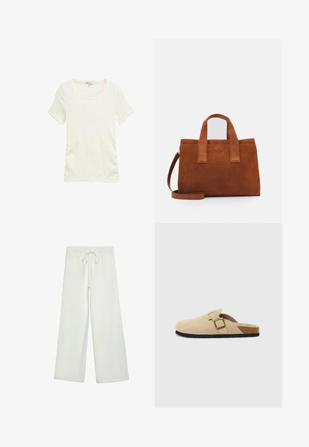 Hvid kortærmet top med rund halsudskæring, tekstureret stof og samlingsdetaljer i siderne. Kantet med en blød, lys pink kant.; Hvide bukser med bred ejer lavet af blødt stof. Har en elastisk talje med snor og en glat tekstur. Ingen synlige mønstre eller hardware.; Beige ruskinds-sandaler med korkfodseng, rund tå og en enkel rem med en guldfarvet spænde. Gummisål for godt greb.; Brun ruskinds håndtaske med to topstænger og et justerbart skulderrem. Har en struktureret form og minimalistisk design.