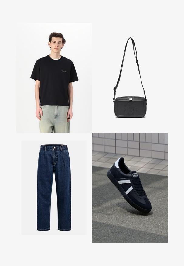 Must have must-haves T-särv on mustast puuvillast lühikeste varrukatega, ümar kaelus ja valge logo detail rinnal, kombineeritud heleda sinise teksapükstega.; Tumed sinine denimiteksad sirge lõikega. Omavad nähtavat tikandit, nuppe sulgemiseks ning ees olevaid voldikesi lisadetailiks.; Must have musta sneaker musta valgete triipudega, tekstuurne kummitald ja nööridega esiosa. Omab bränditud märki keele peal.; Musternast mustriga nahast ristiõlgadega kott, millel on tõmbluku sulgemine, esiküljel on sissepressitud logo ja reguleeritav rihm. Sile tekstuur ja ristkülikukujuline kuju.