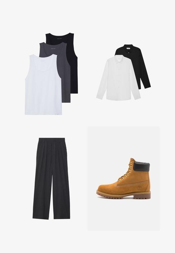 Trīs topi: viens balts, viens tumši pelēks un viens melns. Izgatavoti no mīksta auduma ar noapaļotām kakla izgriezumiem un bez izteiktiem rakstiem.; Baltas un melns garām piedurknēm krekls ar norādītām apkaklēm, priekšējiem pogām un gludu auduma tekstūru. Etiķetes redzamas iekšējā kakla daļā.; Platas piegriezuma bikses no tumši pelēka auduma. Iezīmes - izgriezumi jostasvietā, veidota forma un taisna silueta.; Brūna zamša potīte ar melnu izšuvumu ap kaklu, zelta metāla acu caurumi, balta šuvju apdare un izturīgs gumijas zole ar izteiktu zīmējumu.