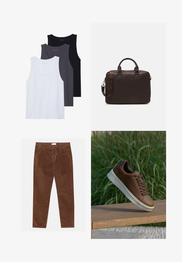 Drei Tanktops sind ausgestellt: eines in Weiß, eines in Dunkelgrau und eines in Schwarz. Sie bestehen aus weichem Stoff mit abgerundetem Ausschnitt und ohne auffällige Muster.; Pier One Stoffhose - brown; Braune Ledersneaker mit weißer Gummisohle, runder Zehenform und braunen Schnürsenkeln. Strukturierte Grip-Oberfläche auf der Sohle und glatte Verarbeitung im oberen Bereich.; Braune Leder-Laptoptasche mit strukturierter Oberfläche, doppelten Obergriffen, verstellbarem Gurt und zwei vorderen Schnallen für zusätzlichen Detailreichtum.