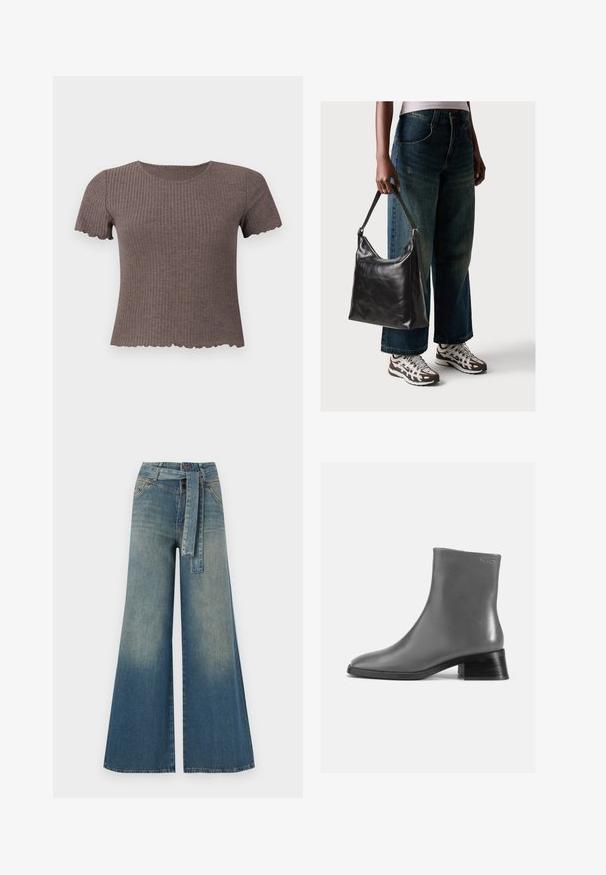 Brun ribbet T-skjorte med korte ermer og bølget kant. Laget av mykt stoff, med rund hals og en tettsittende design.; Bredde ben jeans med en lyseblå til mørkeblå gradient, høyt liv, beltehemper og et matchende belte i samme stoff. Teksturert denimoverflate.; Grå lær ankle boot med rund tå og en kort, stablet sort hæl. Glat tekstur med minimal detaljer.; Sort skinnveske med en glatt tekstur og justerbar stropp, kombinert med falmede vide jeans og atletiske sneakers.