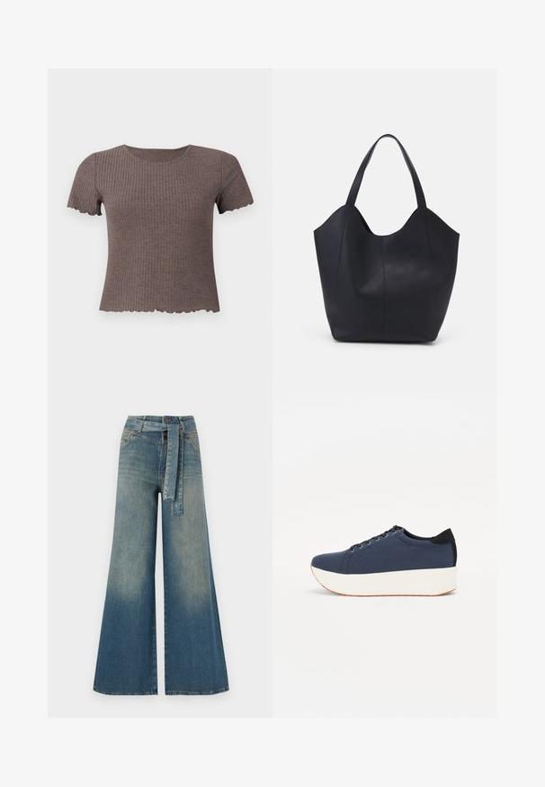 Braunes, geripptes T-Shirt mit kurzen Ärmeln und gewelltem Saum. Hergestellt aus einem weichen Stoff, mit Rundhalsausschnitt und tailliertem Design.; Weit geschnittene Denim-Hosen mit einem Farbverlauf von hellblau zu dunkelblau, hoher Taille, Gürtelschlaufen und einem passenden Stoffgürtel. Strukturierte Denim-Oberfläche.; Dunkelblaue Sneaker mit einem strukturierten Obermaterial, weißer Plattformsohle, runder Zehenpartie und schwarzem Fersenakzent. Verfügt über sechs Ösen für die Schnürsenkel.; Schwarze Tote-Bag aus glattem Leder, mit einem abgerundeten, offenen Oberteil, zwei Schulterträgern und einem minimalistischen Design.