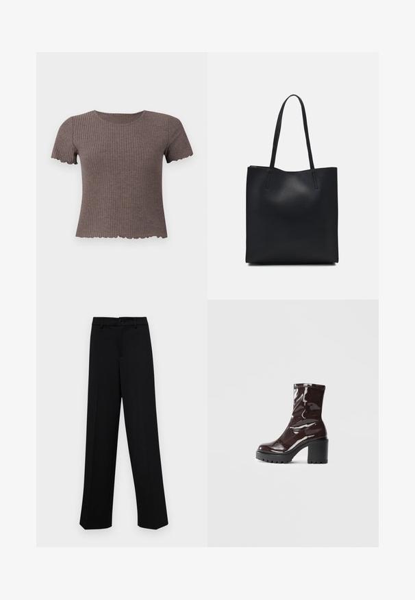 Smeđi rebrasti majica s kratkim rukavima i valovitim rubom. Izrađena od mekog materijala, s okruglim izrezom i prilagođenim krojem.; Crne široke hlače od glatkog materijala, s klasičnim pojasom koji se zatvara dugmetom i prednjim naborima.; Sjajna burgundska čizma do gležnja s debelim crnim potplatom, koja se odlikuje glatkom teksturom i jednostavnim dizajnom. Nema vidljivih kopčanja ili uzoraka.; Crna kožna torba za nošenje s glatkom teksturom, pravokutnim oblikom i dvije duge ručke. Nema vidljivih metalnih dijelova ili ukrasa.