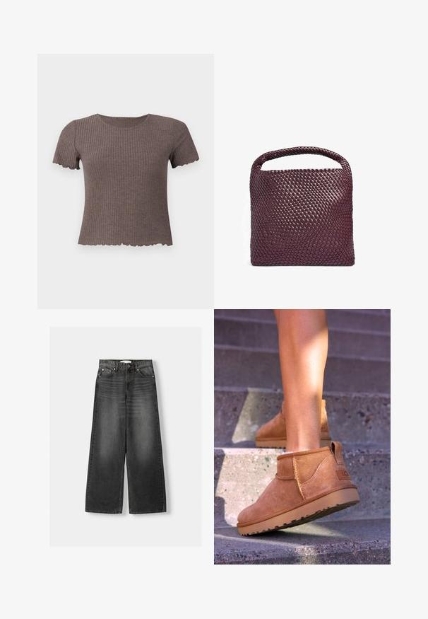 Brown ribbed t-shirt with short sleeves and a scalloped hem. Made of soft fabric, featuring a round neckline and a fitted design.; Wide-leg, high-waisted jeans in dark gray denim. Features five pockets, metal rivets, and belt loops. Smooth texture with slight fading.; Tan suede ankle boots with a soft texture, stitched detailing, and a rubber sole, featuring a looped heel for easy wear.; Woven leather handbag in deep burgundy, square shape with a rounded handle and textured surface pattern. Minimalistic design.