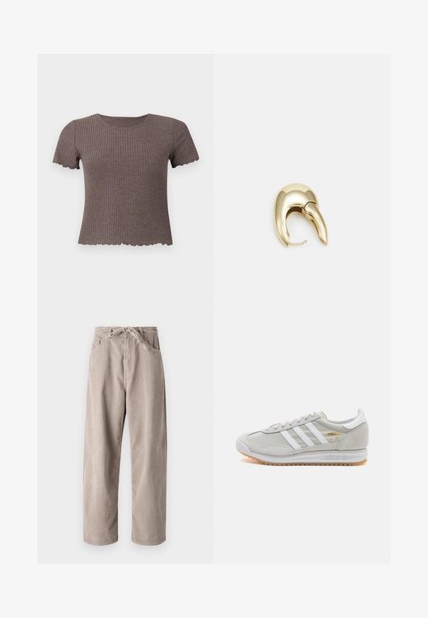 Braunes, geripptes T-Shirt mit kurzen Ärmeln und gewelltem Saum. Hergestellt aus einem weichen Stoff, mit Rundhalsausschnitt und tailliertem Design.; Beige Cordhosen mit lockerer Passform, ausgestattet mit einem Kordelzugbund, zwei Fronttaschen und vertikal geripptem Muster.; Hellgraue Sneaker aus Wildleder und Mesh, mit drei weißen Streifen, runder Zehenpartie und einer Sohle aus Gummi. Goldenes Logo-Detail nahe der Schnürsenkel.; Ohrringe aus goldfarbenem Metall mit einem schlanken, geschwungenen Design. Sie verfügen über eine markante, spitze Form, eine polierte Oberfläche und einen Scharnierverschluss.