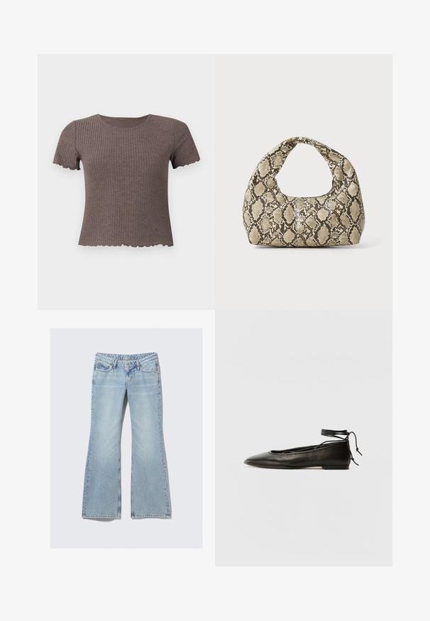 Rjava rebrasta majica s kratkimi rokavi in valovitim robom. Narejena iz mehkih tkanin, z okroglim izrezom in oprijetim krojem.; Weekday NOVA - Kavbojke slim fit - lip blue; Črne usnjene baletne čevlje s koničastim nosom, vezi okrog gležnja in ravnim podplatom, ki se ponašajo z gladko teksturo in minimalističnim dizajnom.; Torba z vzorom kače s ukrivljenim ročajem. Narejena iz teksturiranih, bež in rjavih materialov, ki imajo značilen diamante vzorec.