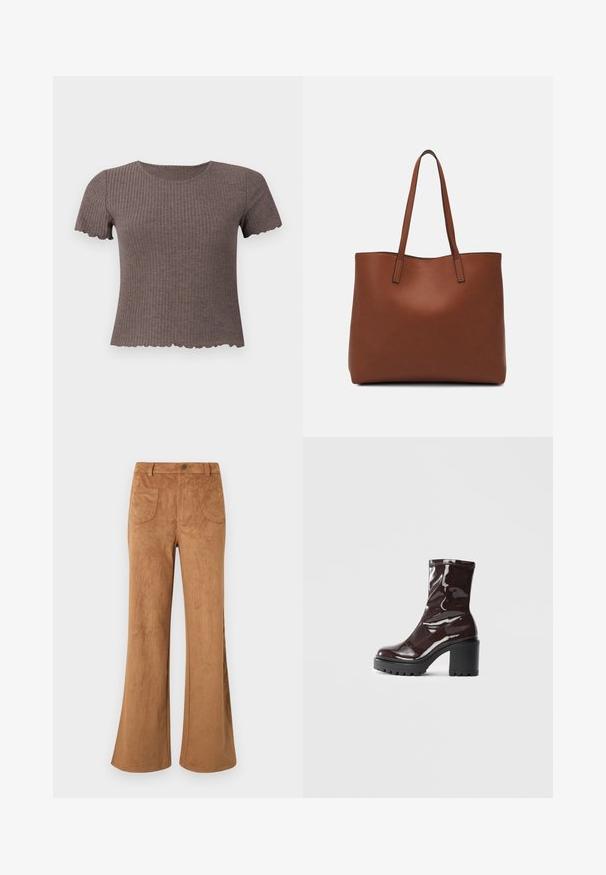 Braunes, geripptes T-Shirt mit kurzen Ärmeln und gewelltem Saum. Hergestellt aus einem weichen Stoff, mit Rundhalsausschnitt und tailliertem Design.; Braune Wildleder-Bootcut-Hosen mit hoher Taille, Front- und Gesäßtaschen sowie einer glatten Textur. Entworfen für eine entspannte Passform im gesamten Bein.; Glatte bordeauxrote Ankle Boots mit einem klobigen schwarzen Absatz, die eine glatte Oberfläche und ein einfaches Design aufweisen. Keine sichtbaren Verschlüsse oder Muster.; Braune Leder-Tote mit glatter Textur, offenem Oberteil und zwei Schulterriemen. Verfügt über minimale Nähte und keine sichtbaren Beschläge.
