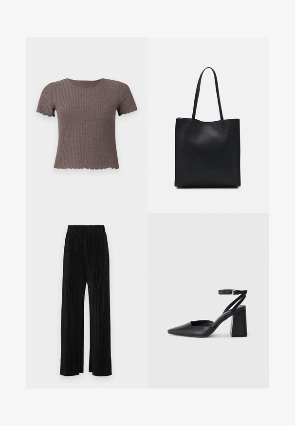 Bruine geribbelde t-shirt met korte mouwen en een geschulpte zoom. Gemaakt van zachte stof, met een ronde halslijn en een slim fit ontwerp.; Zwarte geplooide broek met een elastische tailleband. Beschikt over wijde pijpen en een glad, gestructureerd stof met verticale strepen.; Zwarte leren puntige pump met een enkelbandje en een chunky hak. Vlakke textuur, strakke vormgeving en minimalistische esthetiek.; Zwarte leren handtas met een gladde textuur, rechthoekige vorm en twee lange handvaten. Geen zichtbare hardware of versieringen.
