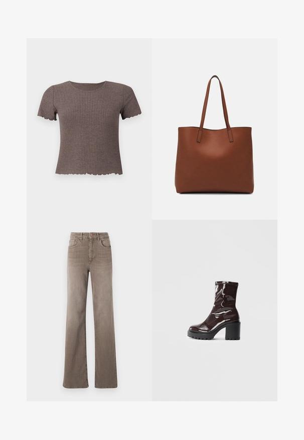 Brahns ribota T-kreklu ar īsām piedurknēm un viļņotu apakšmalu. Izgatavots no maigas auduma, ar apaļu kakla izgriezumu un pieguļošu dizainu.; Brūnas augsta vidukļa taisnas kājas džinsi ar priekšējo pogu, jostu cilpiņām un klasisko piecu kabatu dizainu uz baltas fona.; Spīdīgas bordo potīšu botītes ar masīlu melnu papēdi, kurām ir gluda tekstūra un vienkāršs dizains. Nav redzamu aizdari vai rakstu.; Brūna ādas iepirkumu soma ar gludu tekstūru, atvērta augšdaļa un divas plecu siksnas. Izceļas ar minimālām šuvēm un redzamu aparatūru nav.