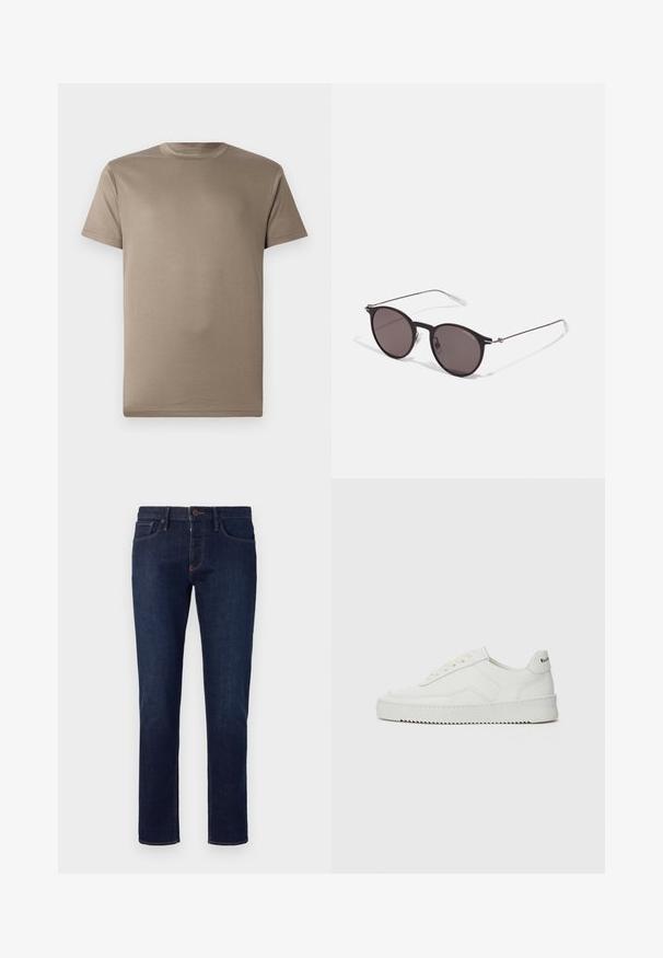 Lühikeste varrukatega t-särk heleses pruunis, valmistatud siledast kangast, ümmarguse kaelusega ning ilma mustrite ja nähtava riistvaraeta.; Emporio Armani 5 POCKETS PANT - Liibuvad teksad - blue denim; Valge nahast tennis, millel on sile põhi, ümar varvas, lamedad nöörid ja tekstuuriline tall. Sisaldab diskreetset logo kontsaribal.; Mustad mustad prillid tumedate läätsedega ja õhukeste metallist käepidemetega. Kaarja kujuga seljaosa ja hõbedased aktsendid hingel. Minimalistlik disain.