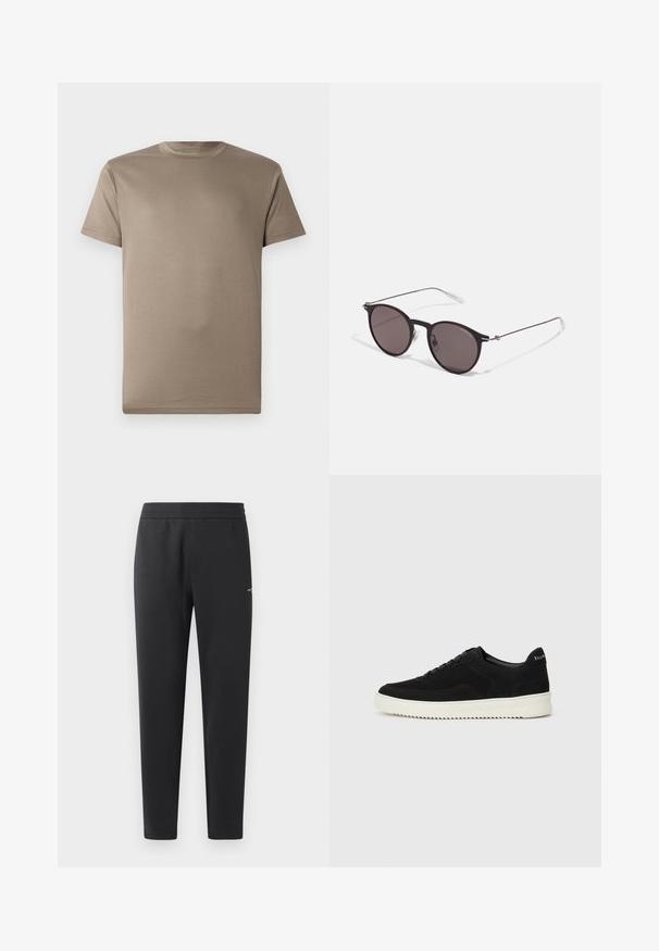 Kortermet t-skjorte i lys brun, laget av glatt stoff med rund hals og uten mønstre eller synlig tilbehør.; Sorte joggebukser laget av myk stoff, med elastisk midjebånd, rette ben og en liten logo detalj på siden.; Svart semsket sneakers med snøring og kontrasterende hvit gummisåle. Har teksturerte sidepaneler og subtil merkevare på hælen.; Sorte, runde solbriller med mørke linser og slanke metalarmer. Inkluderer klare temple tips og sølvfargede detaljer ved hengslet. Minimalistisk design.