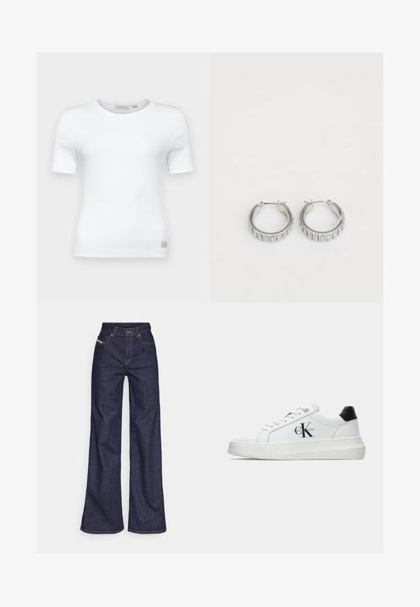 Calvin Klein Jeans LABEL FITTED TEE - Tricou basic - bright white; Blugi taille mare, de culoare albastru închis, din material denim, cu croială largă, cu cusături portocalii, design cu cinci buzunare și închidere cu nasture.; Adidași albi cu glezna joasă, cu tab-ul de călcâi negru, talpă platformă, șireturi și logo-ul "CK" de la Calvin Klein pe lateral.; Cercei din argint în formă de cerc cu un design texturat, ce prezintă striții verticale. Formă circulară cu un sistem de închidere sigur. Finisaj neted.