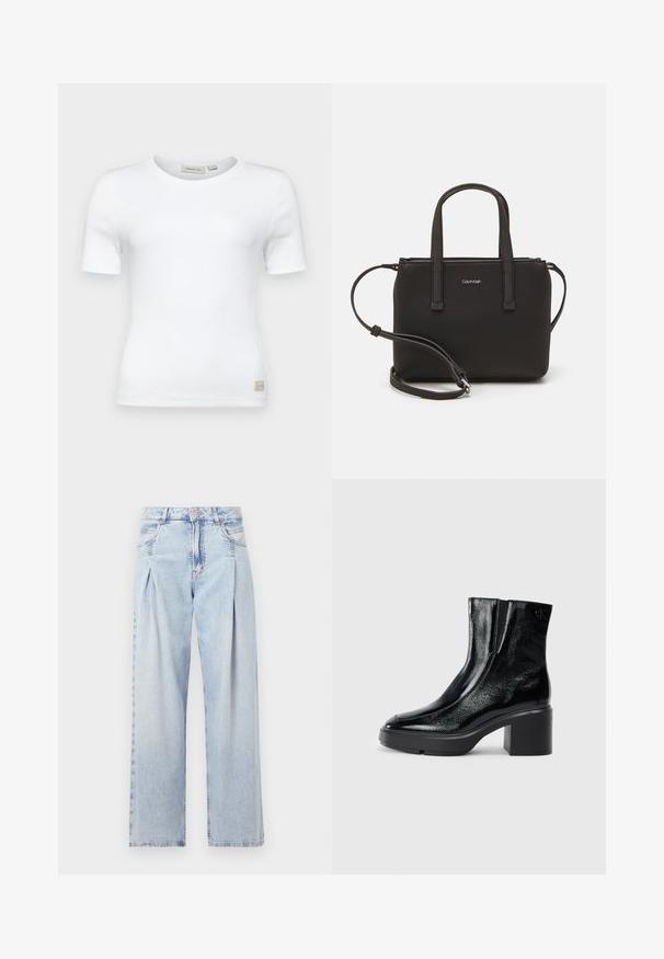 Calvin Klein Jeans LABEL FITTED TEE - Základné tričko - bright white; Svetlomodré džínsy s vysokým pásom, širším strihom po celej dĺžke, dvoma bočnými vreckami a skladaným dizajnom. Mäkka textúra s vyblednutým vzhľadom.; Čierne lakované členkové topánky s zakrivenou špičkou, elastickými bočnými panelmi a masívnym blokovým opätkom. S embosovaným logom na zadnej strane.; Čierna kabelka s dvojitými krátkymi rúčkami a odnímateľným ramenným popruhom. Hladký materiál podobný koži s uzatváraním na zips a detailom loga.