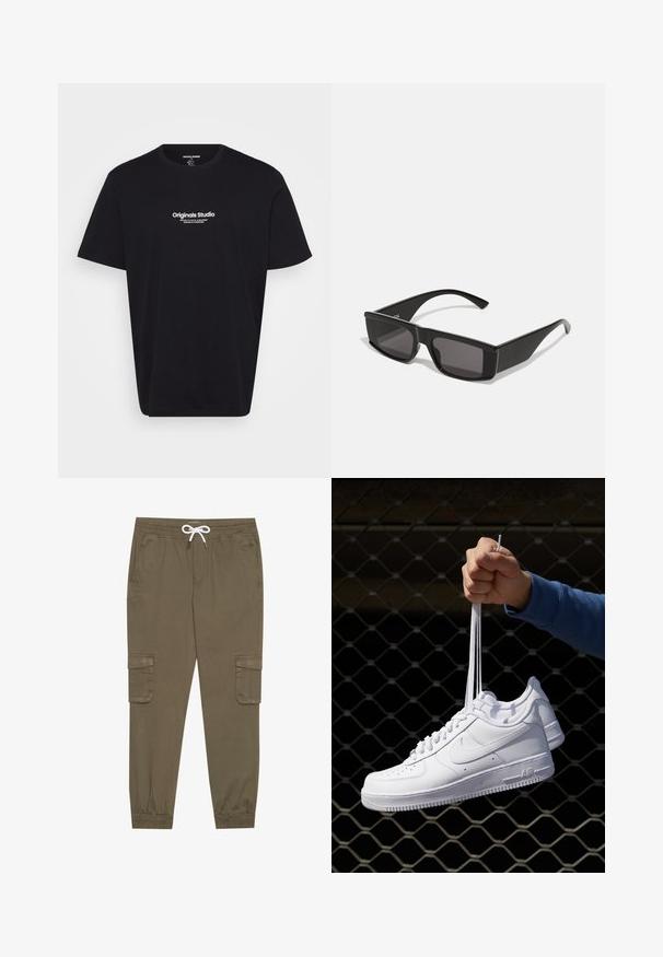 Čierne bavlnené tričko s krátkymi rukávmi, okrúhlym výstrihom a bielym nápisom "Originals Studio" potlačeným na prednej strane. Hladká textúra, uvoľnený strih.; Khaki cargo nohavice s elastickým pásom a šnúrkou, pričom majú bočné vrecká a zúžené členky. Vyrobené z textúrovaného, ľahkého materiálu.; Biele kožené tenisky s perforáciami, okrúhlou špičkou, plochou podrážkou a hrubými šnúrkami, pričom majú viditeľné logo swoosh a nápis "AIR" na päte.; Čierne slnečné okuliare s obdlžnikovými rámami a tmavými sklami. Vyrobené z lesklého plastu, s ostrým dizajnom a štíhlymi stranicami.