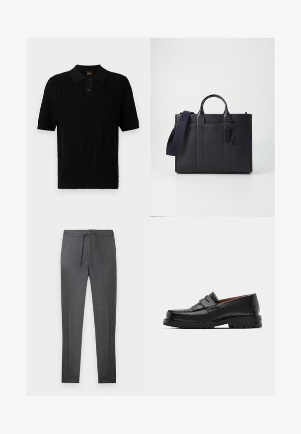 Polo preto de manga curta com textura ribada, com abertura de três botões e colarinho clássico. Apresenta a marca BOSS em laranja.; Calças ajustadas de tom cinza escuro com cintura elástica e cordão, apresentando pregas discretas na parte da frente.; Os mocassins de couro preto apresentam uma costura elevada, duas tiras decorativas na parte superior e uma sola grossa e texturizada para maior aderência.; Pasta de couro azul-marinho escura com alças superiores duplas e uma alça destacável. Apresenta um acabamento texturizado, costura vertical e detalhe do logotipo.