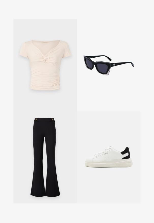 Light beige short-sleeve top with a V-neck and twist detail at the front, featuring gathered texture along the sides for fitted design.; Black flared pants made of stretchy material. Features two gold-tone buttons at the waist. Smooth texture and fitted through the hips.; White leather sneakers with a thick white sole, black suede heel accent, and embossed logo on the side. Laced design with six eyelets.; Black oversized sunglasses with a geometric shape, featuring dark lenses and a contrasting grey detail on the frame. Logo on the arm.
