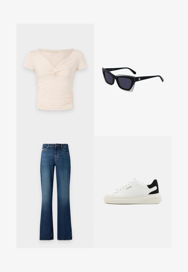 Top scurt, de culoare bej deschis, cu mânecă scurtă și decolteu în V, având detaliu răsucit în față, cu textură adunată pe laturi pentru un design ajustat.; Jeans evazati într-o nuanță medie de albastru, cu un design clasic cu cinci buzunare, închidere cu nasture și o textură ușor estompată.; Adidași din piele albă cu o talpă groasă albă, accent de călcâi din suede negru și logo embosat pe lateral. Design cu șireturi și șase orificii.; Ochelari de soare supradimensionați, negri, cu o formă geometrică, având lentile întunecate și un detaliu gri contrastant pe ramă. Logo pe braț.