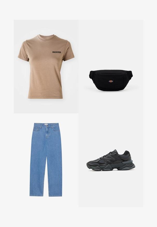Hnedé bavlnené tričko s krátkymi rukávmi a okrúhlym výstrihom. Na ľavej strane hrude je čierne logo "DICKIES". Hladká textura.; Svetlomodré denimové nohavice s rovnými nohavicami, dizajnom s piatimi vreckami, zapínaním na jeden gombík a jemnými švovými detailmi.; Čierna bežecká obuv so zmesou sieťoviny a syntetických materiálov, robustnou podrážkou, zakriveným dizajnom a výrazným logom na boku.; Čierna látková ledvinka so zipsovým uzáverom, na prednej strane s malým logom značky. Kompaktný, zaoblený dizajn s nastaviteľnými popruhmi.