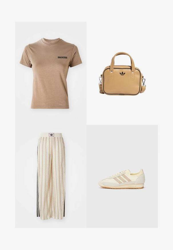 Brun bomulls T-skjorte med kort erm og rund hals. Har en svart "DICKIES" logo på venstre brystområde. Glatt tekstur.; Kremfargede bukser med brede ben og zigzag-mønster, med en svart logo-linning og svarte striper på siden. Lett, teksturert stoff.; Kremfargede joggesko med tre beige striper, laget av semsket skinn og tekstilmaterialer, med en teksturert såle og preget merkevare på hælen.; Tan vegan lærveske med to håndtak, avtagbar skulderrem, svart kontrastsøm, og en liten svart logo på fronten.