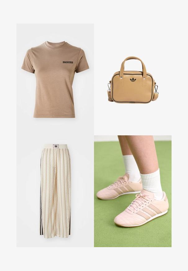 Brown cotton t-shirt with short sleeves and a round neck. Features a black "DICKIES" logo on the left chest area. Smooth texture.; Cream-colored wide-leg pants with a zigzag pattern, featuring a black logo waistband and side black stripes. Lightweight, textured fabric.; Light pink athletic shoes with diagonal stitching, white soles, and three lateral stripes. Worn with ribbed white socks on green surface.; Tan vegan leather bag with two handles, detachable shoulder strap, black accent stitching, and a small black logo on the front.
