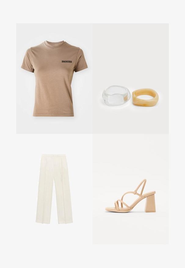 Ruskea puuvillapaita lyhyillä hihoilla ja pyöreällä kaula-aukolla. Vasemmassa rinta-alueessa on musta "DICKIES" -logo. Sujuva rakenne.; Valkoiset leveälahkeiset housut vaaleassa kermassa. Valmistettu sileästä kankaasta, jossa on laskokset edessä ja sivutaskut.; Nudepumpit korkealla, neliömäisellä korolla, ohuilla hihnoilla ja sileällä, kiiltävällä pinnalla. Yksinkertainen muotoilu, jossa on hihnarakenteinen yläosa.; Selkeä ja meripihkaiset hartsi-renkaat, yksi sileä ja läpinäkyvä, toinen teksturoitu, meripihkan värinen. Molemmat esittelevät pyöristettyjä, massiivisia muotoja.