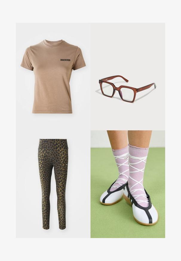 Pruun puuvillane t-särk lühikeste varrukatega ja ümmarguse kaelusega. Vasakus rinnas on must "DICKIES" logo. Sile tekstuur.; Leopardimustriga retuusid, millel on kõrge vöökoht, veniv kangas ja mustad aktsendid heledal pruunil taustal, loodud mugavuse ja sobivuse tagamiseks.; Valged lamedad jalanõud musta ääre ja tallaga, koos heledate lillade soonikatega sokkidega, millel on valged ristvõrgud. Taustal roheline värv.; Pruunid üleõlised ristkülikukujulised prillid selgete läätsedega, millel on paremal läätses kerge roosa tooni. Plastraam, mille pind on sile.