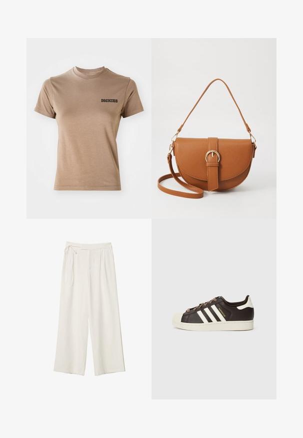 Hnedé bavlnené tričko s krátkymi rukávmi a okrúhlym výstrihom. Na ľavej strane hrude je čierne logo "DICKIES". Hladká textura.; Dlhé nohavice v off-white materiáli s hladkou textúrou. Obsahujú viazaný pás a plisovaný predok, navrhnuté pre voľný strih.; Nízke tenisky Adidas Superstar z tmavohnedej kože s béžovou špičkou, bielymi pruhmi a nápisom „Superstar“ na boku.; Hnedá kožená kabelka cez telo s zakriveným tvarom, zlatými kovovými doplnkami a akcentom s prackou. Obsahuje odnímateľný ramenný popruh.