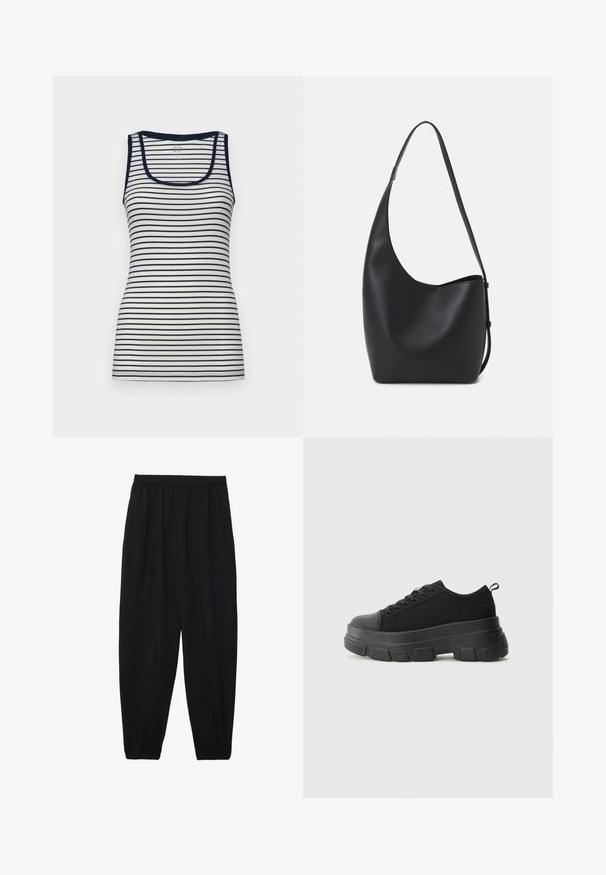 GAP TANK - Top - white/navy; Black, lightweight pants with an elastic waistband and gathered ankles. The fabric is smooth and features a relaxed, tapered design.; Black sneakers with a chunky rubber sole, textured fabric upper, round toe, and lace-up design. Features reinforced eyelets and back pull tab.; Black leather hobo bag with a smooth texture, curved shape, and single adjustable strap; features a wide opening at the top.