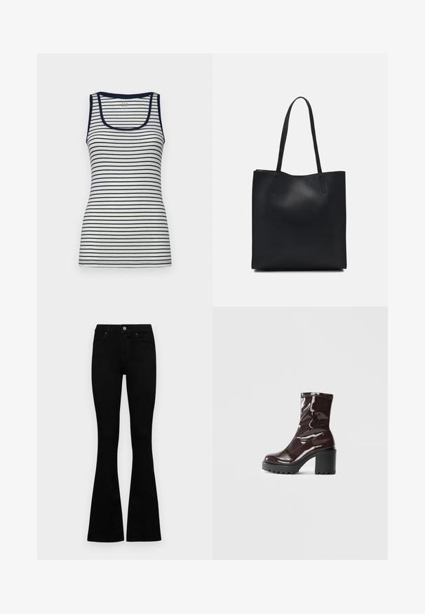 GAP TANK - Felső - white/navy; Fekete, magas derekú farmernadrág gomb- és cipzárzárral, elülső zsebekkel és harangszárral, laposan egy fehér háttérre terítve.; Fényes bordó bokacsizma vastag fekete sarokkal, sima felülettel és egyszerű dizájnnal. Nincsenek látható zárak vagy minták.; Fekete bőrtáska sima felszínnel, téglalap alakú, két hosszú füllel. Nincs látható fémkiegészítő vagy díszítés.