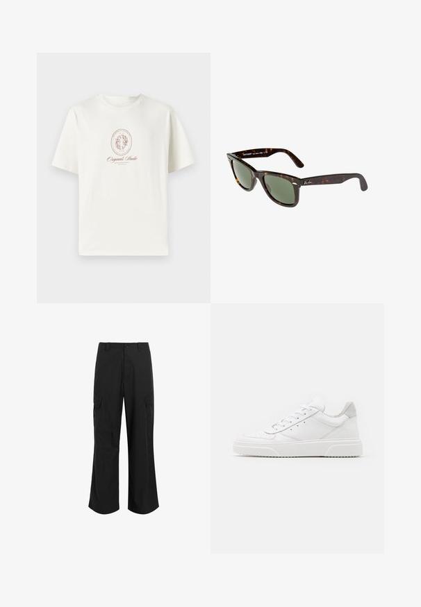 Camiseta de algodón color crema con cuello redondo, mangas cortas y un diseño impreso central que presenta un óvalo y texto en marrón.; Pantalones cargo negros hechos de una tela ligera, con un corte relajado, dos grandes bolsillos laterales y cierre de botón.; Zapatillas de cuero blanca con un acabado suave, punta redondeada, cordones planos y una suela texturada. Acento de ante gris en el talón.; Gafas de sol Wayfarer con montura de plástico de carey oscuro, lentes verdes y logo plateado de Ray-Ban en la patilla.