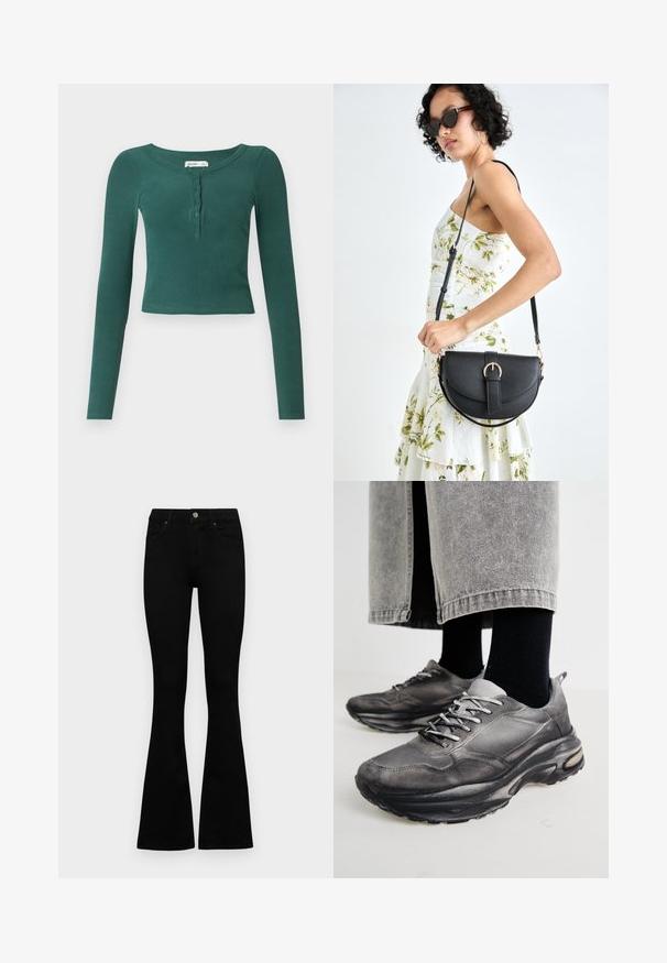 Blusa verde de mangas longas, com textura canelada, gola redonda e uma pala com botões na frente. Comprimento cropped com um design ajustado.; Jeans pretos de cintura alta com fecho de botão e zíper, bolsos frontais e pernas largas dispostos em cima de um fundo branco.; Sapatilhas atléticas pretas e cinzentas apresentam um upper em malha, solas espessas e atacadores. Têm um bico arredondado e detalhes de amortecimento visíveis.; Bolsa de couro preta com forma curva, alça destacável e detalhes em dourado. A bolsa possui uma aba com detalhe de fivela.