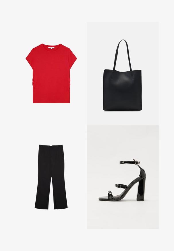 T-shirt en coton rouge à manches courtes, décolleté rond et détails froncés sur les côtés, présentant une texture lisse et un design minimaliste.; Pantalon noir avec une coupe droite, doté de poches avant et d'éclairs sur l'ourlet. Fabriqué en tissu doux et lisse. Convient à diverses occasions.; Sandales à talons vernies noires avec un bout carré, des sangles autour de la cheville et des boucles en argent. Dotées d'un talon bloc épais pour plus de stabilité.; Sac fourre-tout en cuir noir avec une texture lisse, de forme rectangulaire et deux longues poignées. Pas de matériel ou d'ornementations visibles.
