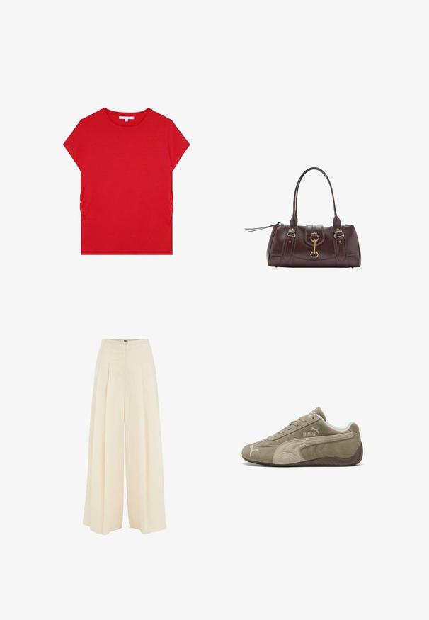 Röd bomullströja med korta ärmar, rund halsringning och rynkdetaljer på sidorna, med en jämn textur och minimalistisk design.; Breda byxor i ljusbeige tyg, med veckad frontdesign, hög midja och slät textur. Inga synliga detaljer eller mönster.; Suedeskor i ljusbrun med mörkare accenter, med en låg profil, snörning och varumärkeslogotyp på sidan.; Mörkbrun läderhandväska med två topphandtag, guldfärgade detaljer, ett framklämma och stickade texturer på sidorna.