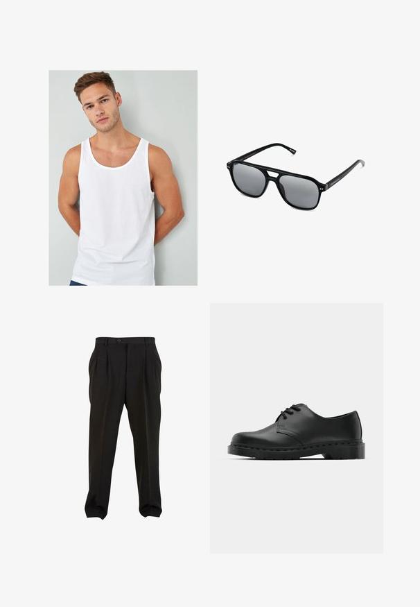 Valkoinen puuvillainen hihaton paita, jossa on pyöreä kaula-aukko ja leveät kainalot, esillä mallin päällä vaaleanharmaata taustaa vasten.; Mustat housut sileällä kankaalla, etupuolelta laskostetut, napilla varustettu vyötärö ja kapenevat nilkkaleikat. Klassinen hyvin istuva siluetti.; Musta nahkainen oxford-kengät, joissa on nauhakiinnitys, pyöreä kärki, litteä kumipohja ja hillitty ompelutaito yläosassa.; Mustat aurinkolasit suorakulmaisilla kehyksillä, harmaasävyisillä linsseillä ja siltaleikkauksella. Tyylikäs, kiiltävä muovimateriaali, kapeilla temppeleillä.