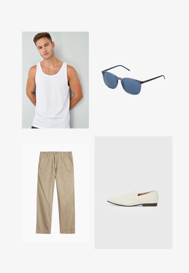 Weißes Baumwoll-Top mit Rundhalsausschnitt und weiten Armausschnitten, präsentiert an einem Modell vor einem hellgrauen Hintergrund.; Beige gerade geschnittene Chinos mit Gürtelschlaufen, vorderem Knopf- und Reißverschlussverschluss sowie schrägen Fronttaschen.; Hellbeige Slipper mit spitzem Zehenbereich, glattem Material, einem Riemen über dem Vorderfuß und einer niedrigen braunen Sohle. Einfaches Design mit minimalen Akzenten.; Blaue rechteckige Sonnenbrille mit grauen getönten Gläsern, Kunststoffrahmen, metallischen Akzenten und matter Oberfläche an den Bügeln.