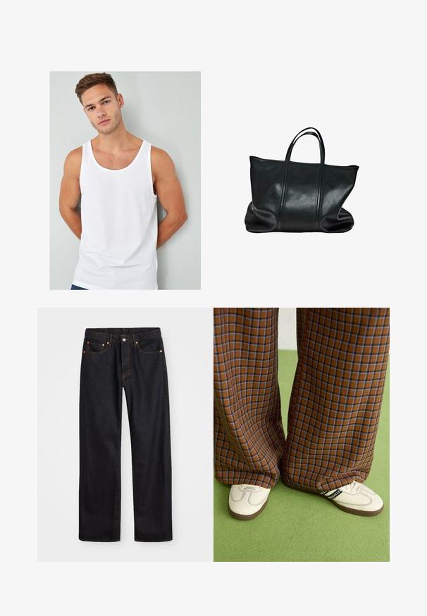 Witte katoenen tanktop met een ronde hals en brede armgaten, getoond op een model tegen een lichtgrijze achtergrond.; Heren straight-leg zwarte denim jeans met vijf zakken en oranje stiksels, knoop- en ritssluiting op de voorkant van de tailleband.; Bruine en blauwe geruite wijde broek, gecombineerd met witte schoenen met zwarte accenten en een gestructureerde zool, gezet tegen een groene achtergrond.; Zwarte leren draagtas met een gladde textuur, twee stevige handvatten en een brede basis. Kenmerkt zich door minimale stiksels en een open bovenkant.
