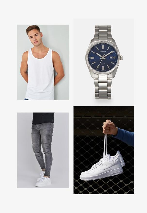 Witte katoenen tanktop met een ronde hals en brede armgaten, getoond op een model tegen een lichtgrijze achtergrond.; Skinny jeans in vervaagd grijs denim, met versleten details op de knieën, gecombineerd met witte sneakers. Gladde textuur, slank model.; Witte leren sneakers met perforaties, ronde neus, vlakke zool en dikke veters, met een zichtbare swoosh-logo en "AIR" op de hiel.; Zilveren roestvrijstalen horloge met een marineblauwe wijzerplaat, metalen uurmarkeringen en een datumnis op 3 uur. Waterbestendig tot 50 meter.