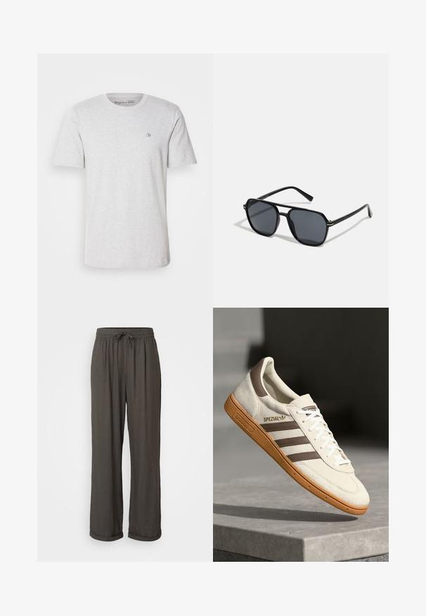 T-shirt in cotone grigio chiaro con maniche corte, scollatura a girocollo e logo ricamato sul petto. Tessuto morbido e vestibilità standard.; Pantaloni a gamba larga grigio scuro con vita regolabile, realizzati in un morbido tessuto testurizzato, con risvolti alle caviglie.; Sneaker bianca in suede con dettagli in pelle marrone, tre strisce marroni e lacci bianchi. Presenta una suola in gomma testurizzata e il logo dorato "SPEZIAL".; Occhiali da sole neri con montatura ottagonale, lenti scure, finitura lucida, aste sottili e dettagli dorati sul davanti.