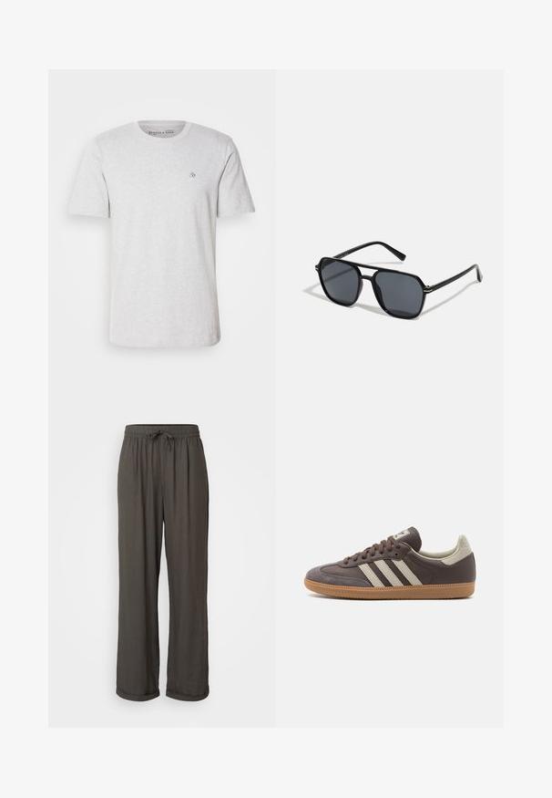 Light gray cotton T-shirt with short sleeves, crew neckline, and embroidered logo on the chest. Soft texture and standard fit.; Dark gray wide-leg pants with a drawstring waist, made of a soft, textured fabric, featuring rolled cuffs at the ankles.; Brown leather sneaker with three light-colored stripes, rubber gum sole, rounded toe, and textured suede accents on the heel and toe.; Black sunglases with octagonal frame, dark lenses, glossy finish, thin temples, and gold accents on the front.