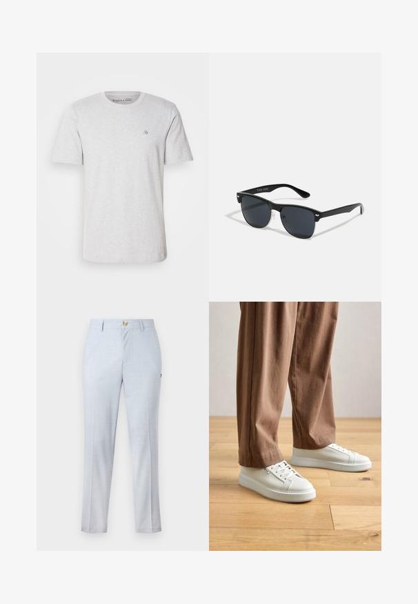 Lys grå bomulds T-shirt med korte ærmer, rund halsudskæring og broderet logo på brystet. Blød tekstur og standard pasform.; Lyseblå bukser i vævet stof, der har en klassisk pasform, lige ben, forlommer og knaplukning. Delikat mønsterdetalje.; Person der bærer hvide teksturerede lavtop sneakers og løse brune bukser, stående på lys træbetræk.; Sorte solbriller med rektangulær form, mørke linser, sølvdetaljer ved tindingerne og en mat finish på stellet.; Hvid perlekæde med ensartet rund form, glat overflade og metalspænde med forlængerkæde for justerbar længde.