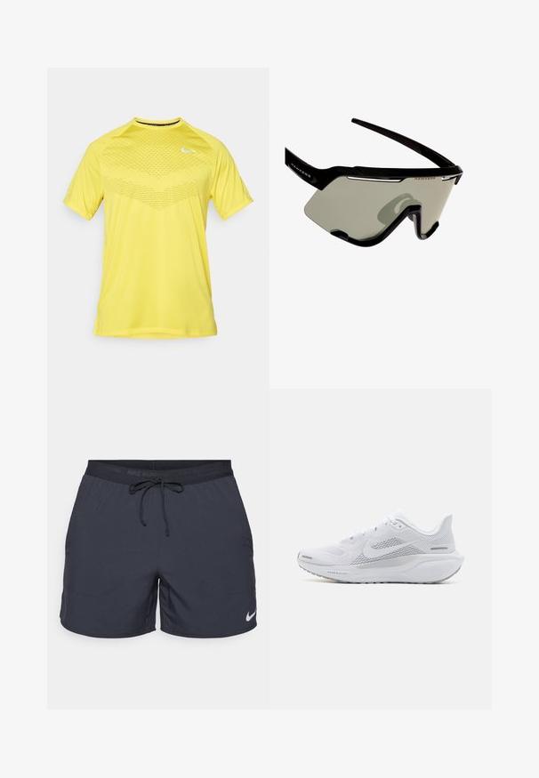 Camiseta deportiva de manga corta amarilla con un patrón de malla en la parte frontal y cuello redondo. Presenta un pequeño logo blanco en el pecho.; Pantalones cortos de running de Nike, color gris oscuro, con cintura elástica y cordón de ajuste, bolsillos laterales, tejido ligero, con un logo blanco de Nike en el dobladillo inferior.; Zapatilla deportiva blanca con parte superior de malla, sobrecapas de textura suave, acentos en gris, cordones y una suela acolchada diseñada para el rendimiento.; Gafas de sol deportivas negras con un diseño envolvente, que cuentan con grandes lentes grises y un marco robusto con acentos blancos y un logo.