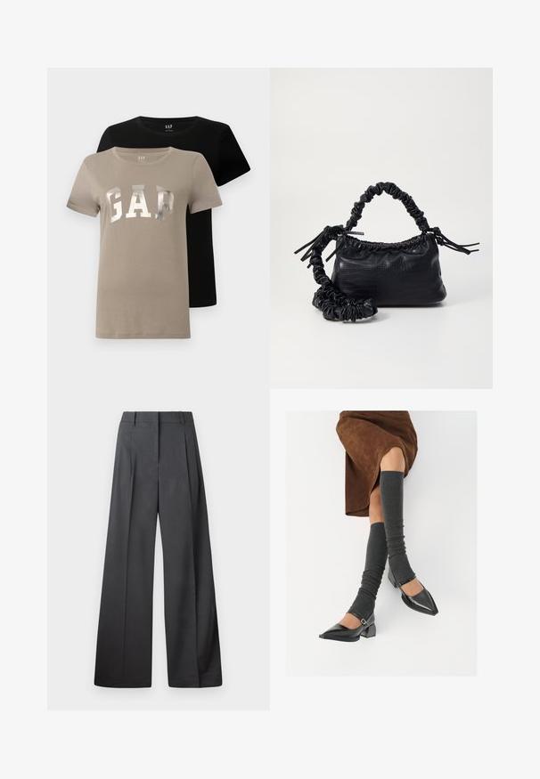 Divi īsās piedurknēm T-krekli ar apaļu kaklu, viens béžs ar lieliem sudraba burtiem "GAP" un viens cieti melns, novietoti viens virs otra.; Platās kājas bikses tumši pelēkā audumā, ar augstu jostasvietu, ar vienu uzpūstu vīli un gludu tekstūru ar tīru apdari ap malām.; Melnas laka ādas apavi ar norādītu purngalu, blokveida papēdi un potīšu jostu, saskaņoti ar pelēkām ribotām kāju sildītājām un brūnu zamšādas svārku.; Melnā mākslīgās ādas rokassoma ar krokodila rakstu, savilkta augšdaļa un saburzīta siksna. Izskatās mīksta un kompakta pēc dizaina.