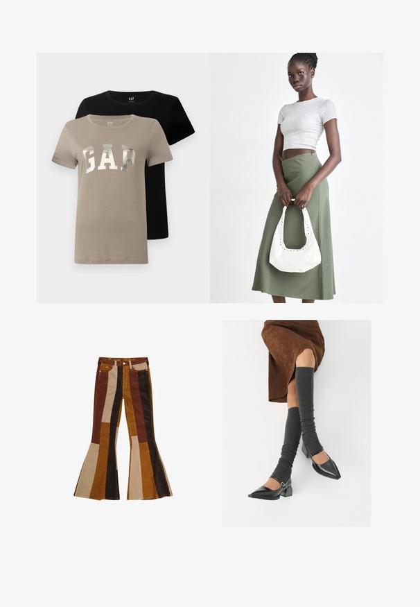 Two short-sleeve crew neck T-shirts, one beige with "GAP" in large silver letters and one solid black, displayed overlapping.; Flared corduroy pants featuring a striped pattern in shades of brown, beige, and gold, with pockets and a colored waistband.; Black patent leather pointed-toe shoes with a block heel and ankle strap, paired with gray ribbed leg warmers and a brown suede skirt.; Gray ribbed crop top and olive green high-waisted skirt. Model holds a white shoulder bag with cut-out detailing. Simple design, fitted silhouette.